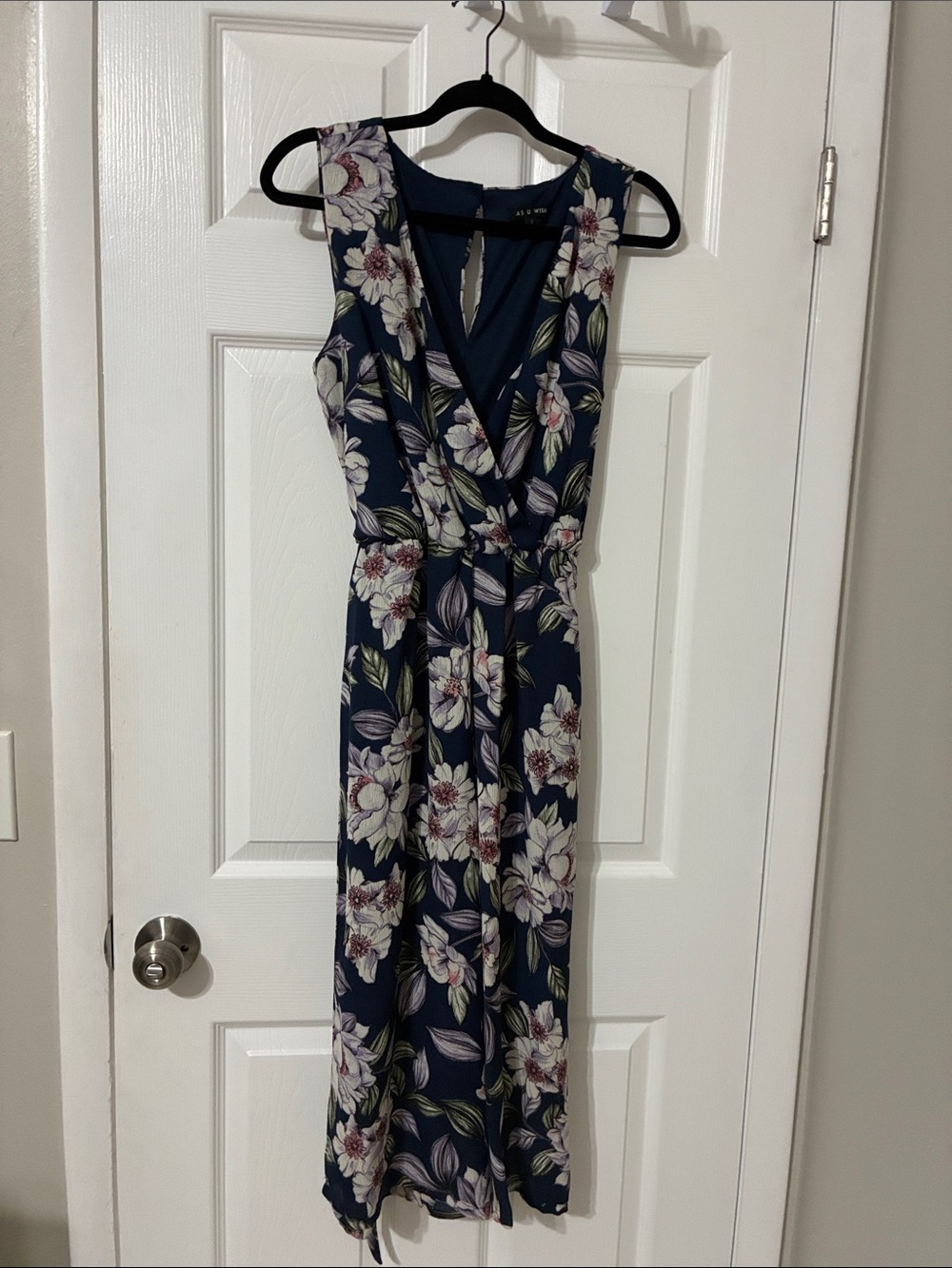 As U Wish Navy Floral Wide Leg Jumpsuit - Small - Faux Wrap V-Neck